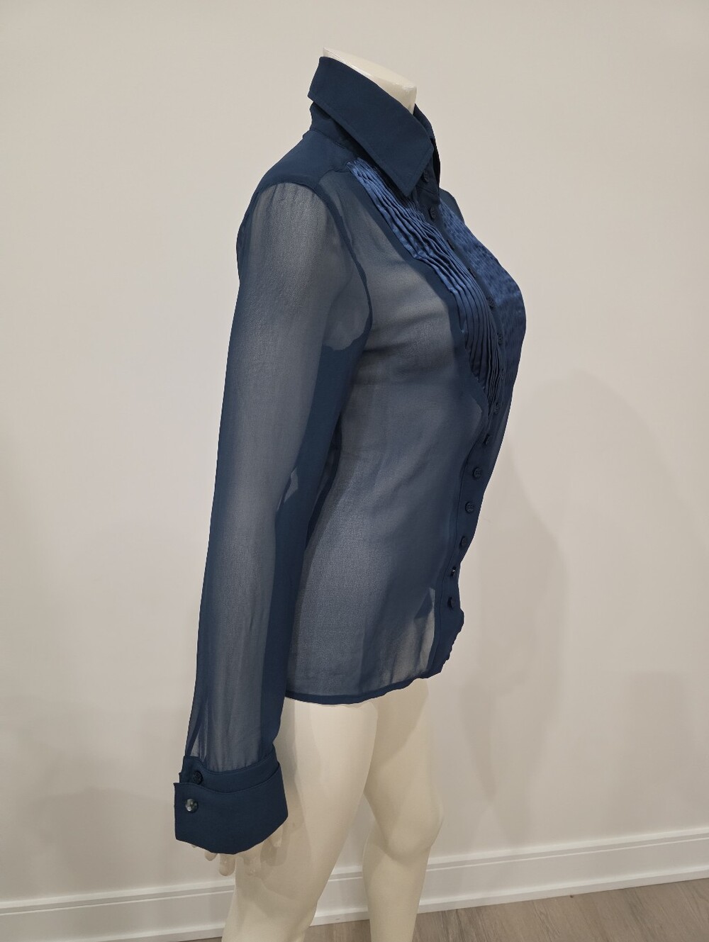 Rare Kor@Kor Sheer Dark Turquoise Satin Pleated Bib Button Down Blouse - Picture 7 of 14